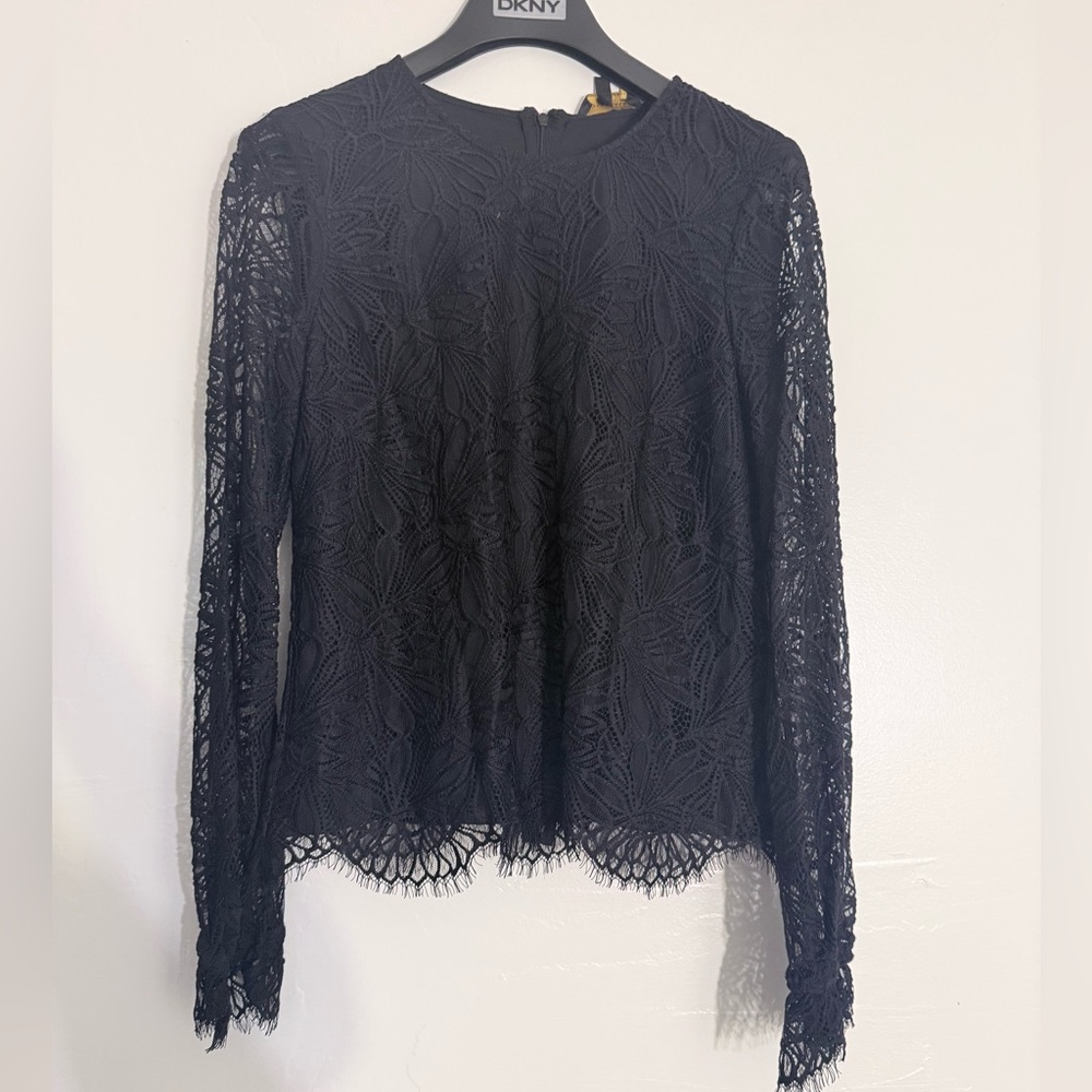 DKNY Black Floral Lace Long Sleeve Blouse